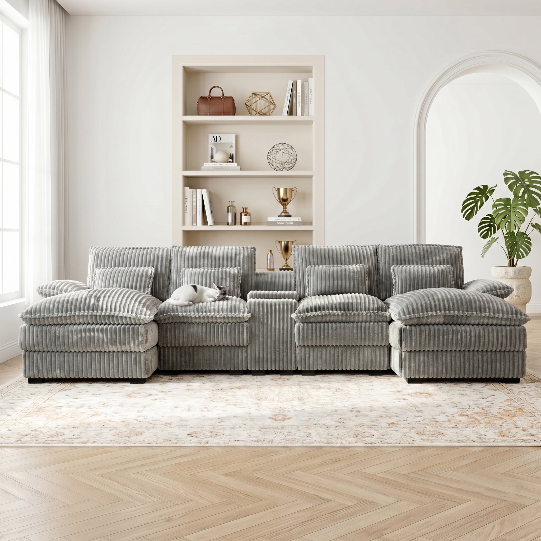 ANPPORT Luxury 124" U Shaped Cloud Modular Sectional Sofa, Corduroy Deep Seat Couch with Storage Console, USB Ports & Cup Holders for Living Room, Light Grey