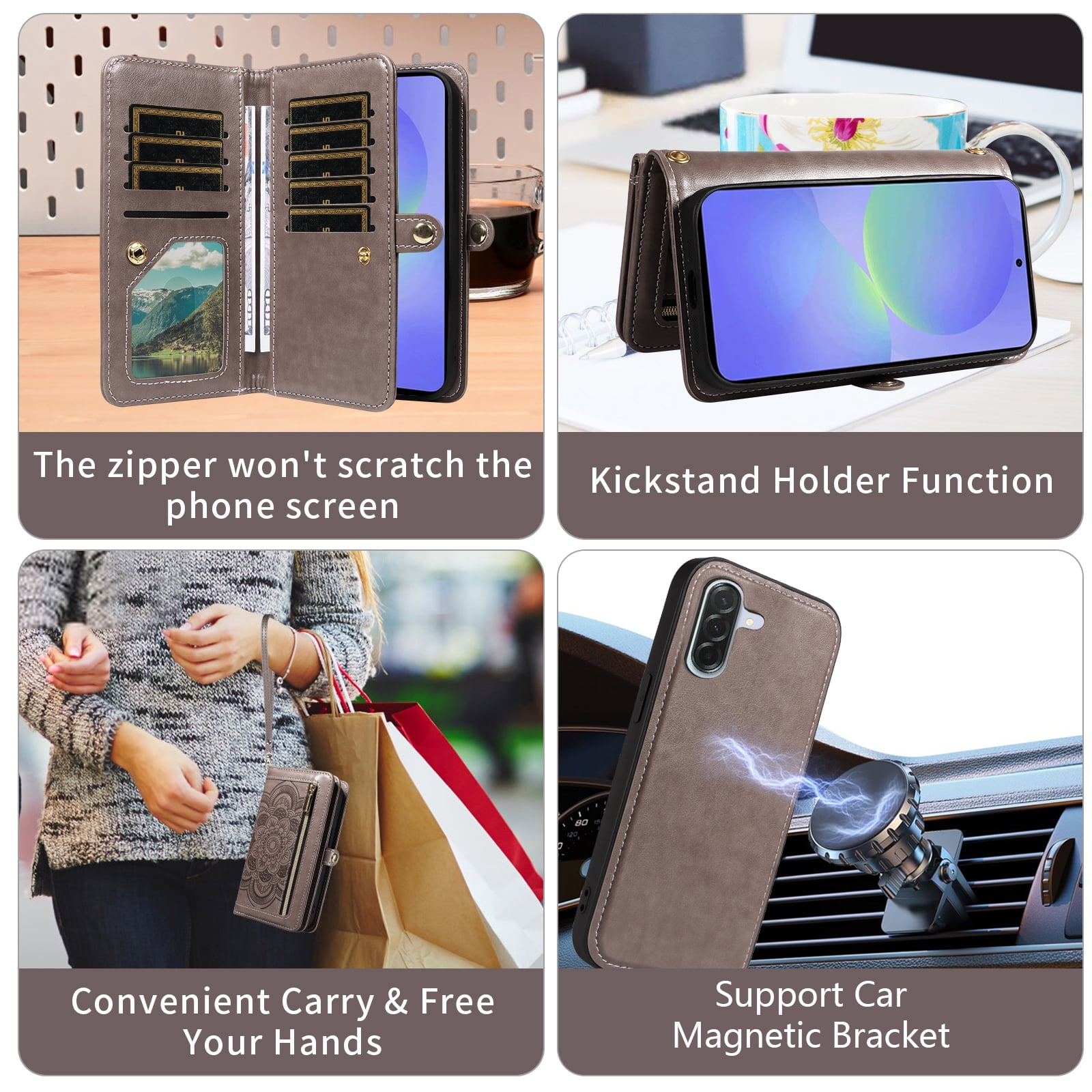 Asuwish Phone Case for Samsung Galaxy A56 5G Zipper Wallet Detachable Cell Cover with Tempered Glass Screen Protector Crossbody Lanyard Strap Flower Flip Card Holder A 56 56A LTE Women Men Girls Gray