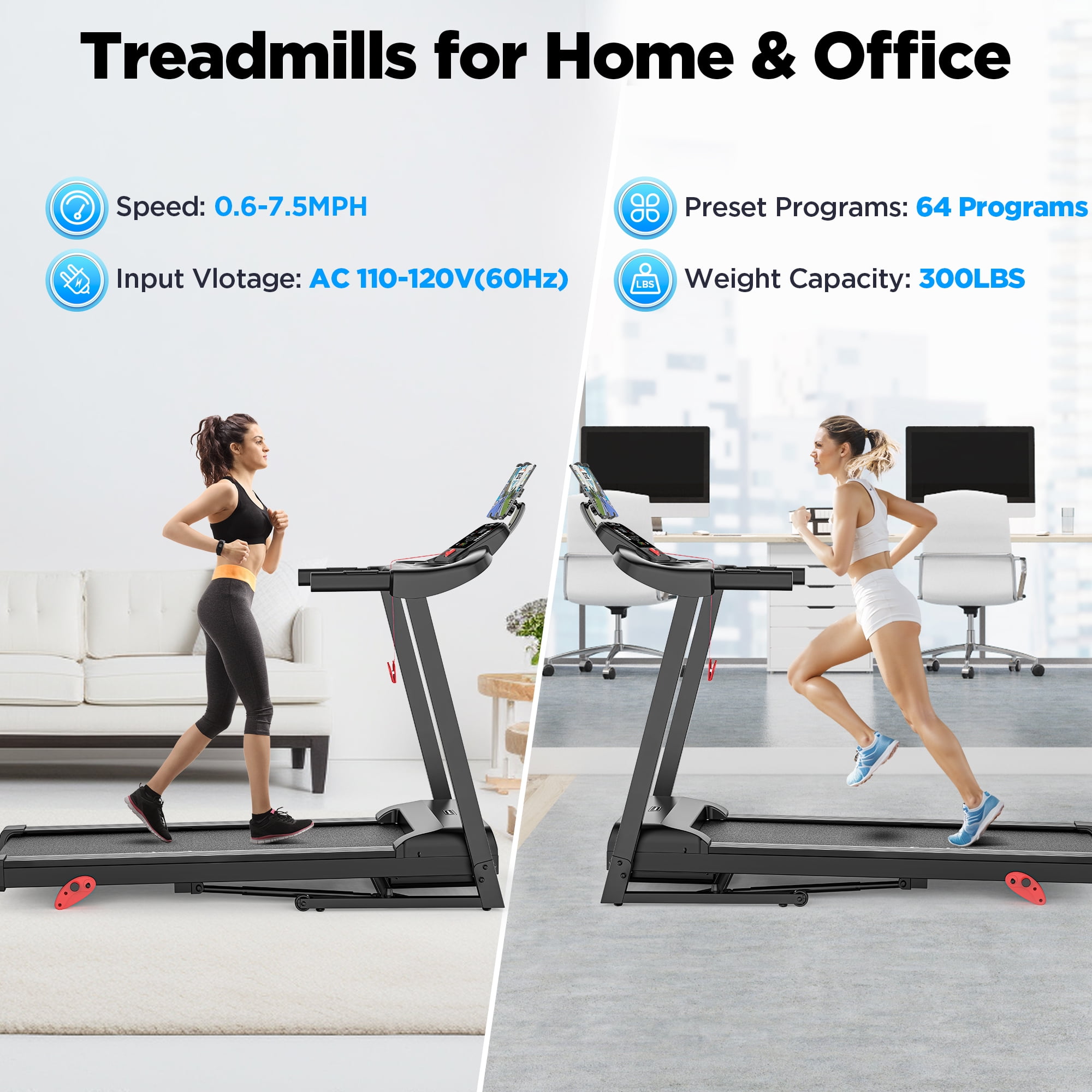 3 HP Foldable Compact Treadmill with 64 Programs, Electric Treadmill with Incline for Home, 7.5MPH, 300 lbs, APP Control, Bluetooth Speakers, Walking Running Treadmill with LCD Display