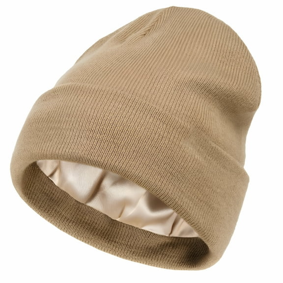 TELOLY Women's Knit Beanie Hat Acrylic Winter Hats for Women Men Silk Lining Soft Slouchy Warm Cuffed Beanie Hat Khaki