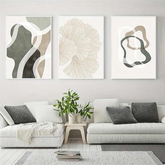 3pcs Set of Frameless Abstract Ginkgo Leaf Canvas Prints, Bohemian Beige and Green Line Art, Modern Minimalist Poster Print, Retro Aesthetic Wall Art for Bedroom, Office, or Living Room Decoration