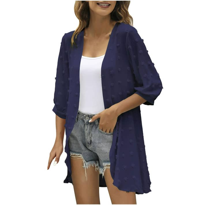 TZNBGO Women's Cardigan Sweaters Women'S Solid Three Quarter Sleeve Kimono Loose  Chiffon Cover Up Casual Blouse Tops Jacquard Solid Top Navy Xl Jean Jacket  Women Plus Size Girls Leather Jacket Cro2097 -