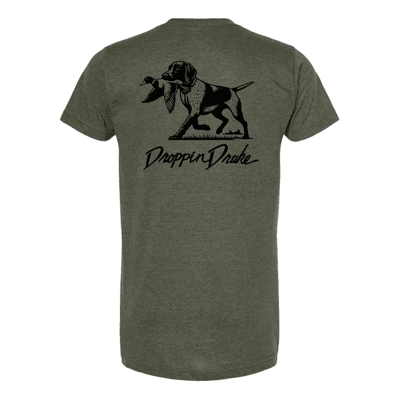 Mens Droppin Drake Dog Carrying Duck Call Hunting Ring Spun Cotton Short Sleeve T-Shirt-Heather Military Green-Medium