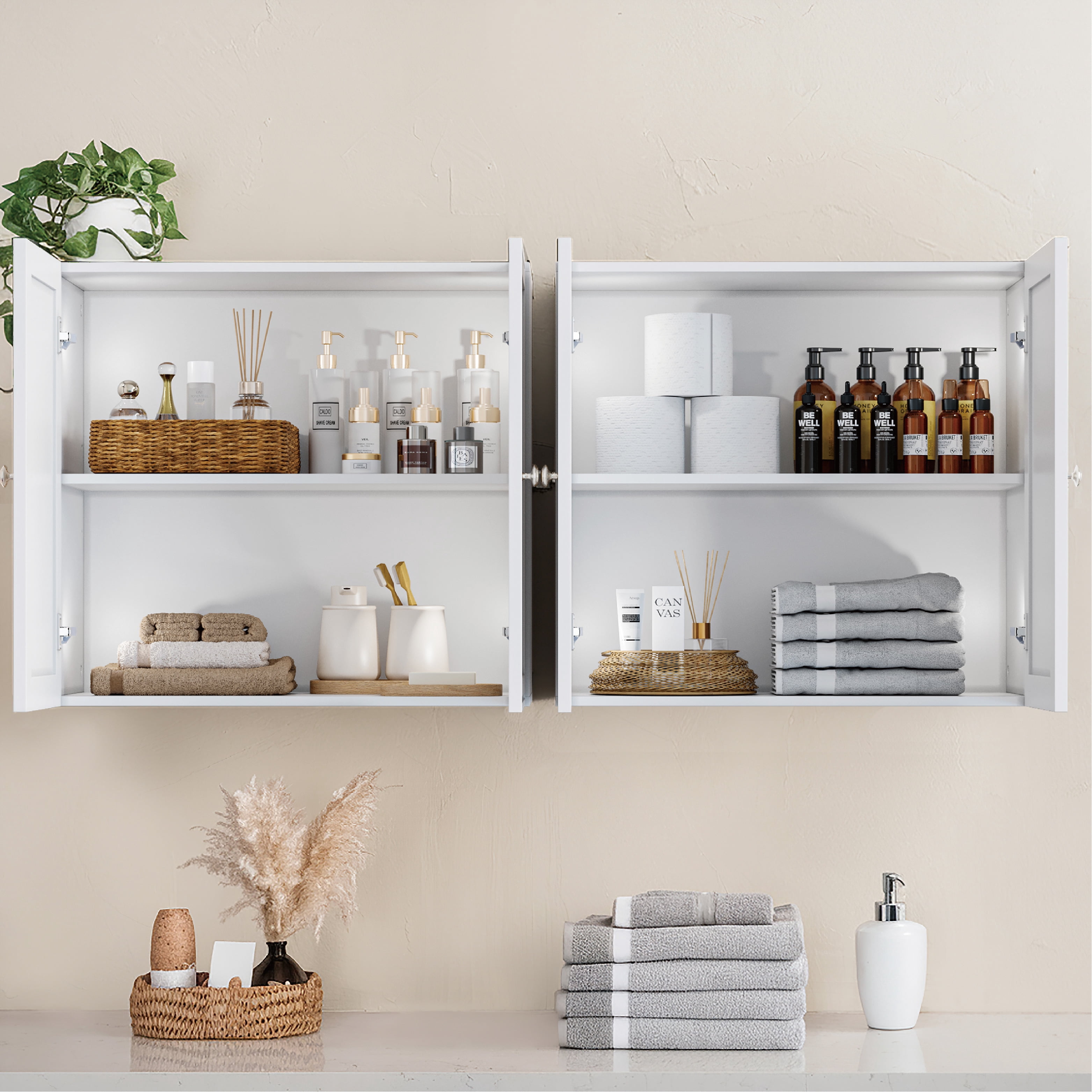 24"W Rattan Laundry Room Cabinets with Lights, Bathroom Cabinets Wall Mounted with Adjustable Shelves, Wall Cabinet for Bedroom/Kitchen/Bathroom (2PCS, White)