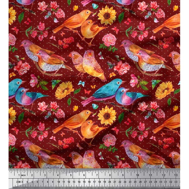 Soimoi Red Rayon Crepe Fabric Dot,Sunflower & American Robin Bird Fabric Prints by Yard 46 Inch Wide