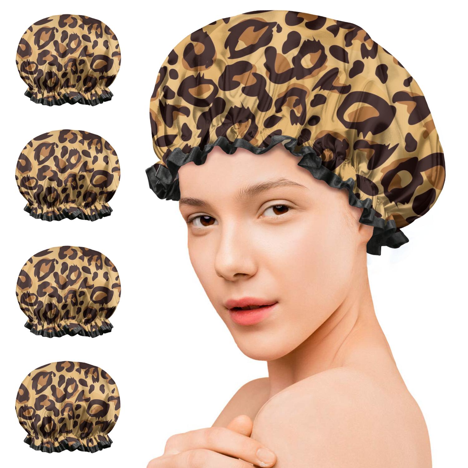 Shower Caps,Yellow and Brown Of Leopard Print Waterproof Shower Cap for Women 4 Pieces,Double Reusable Hair Cover for Shower PEVA Elastic Stretch Hem