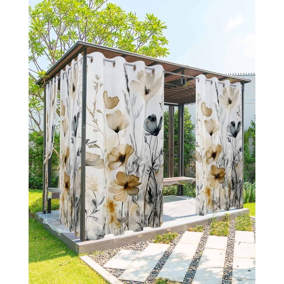 nqOlkjepod Outdoor Curtains for Patio Waterproof, Brown Retro Floral Outdoor Privacy Panels Grommet, Spring Botanical Wildflowers Blackout Outside Curtains for Porch/Cabana/Pergola 54"x108", 1 Panel