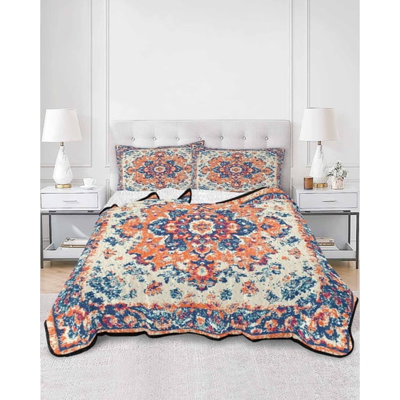 Quilts Twin Size, Boho Orange Blue Soft Comforter Bedding Set for Bed, Boho Vintage Geometric Art Ethnic Lightweight Quilted Bedspread with Pillow Cover(2 Pieces) for All Season, 68x86 Inch