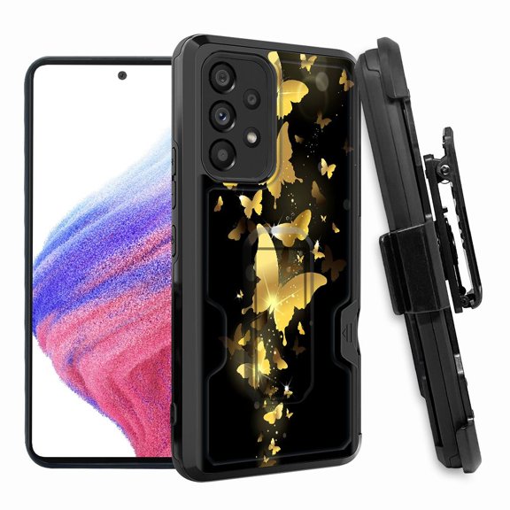 ANJ  Rugged Shockproof Hoster Case w/Card Slot, Kickstand   Tempered Glass Cover for Samsung Galaxy A33 5G - Golden Butterfly