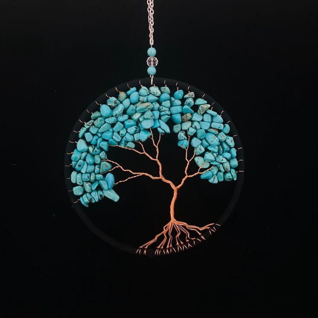 Colgante de árbol de la vida de grava con alambre de cobre y tejido de piedra de colores para regalo del hogar