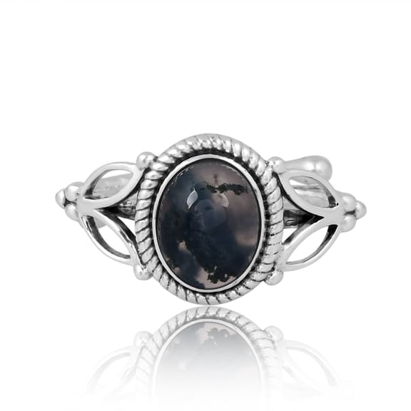 925 Sterling Silver Genuine Moss Agate Cabochon Oval 9x7mm Vintage Oxidized Filigree Leaf Ring for Women