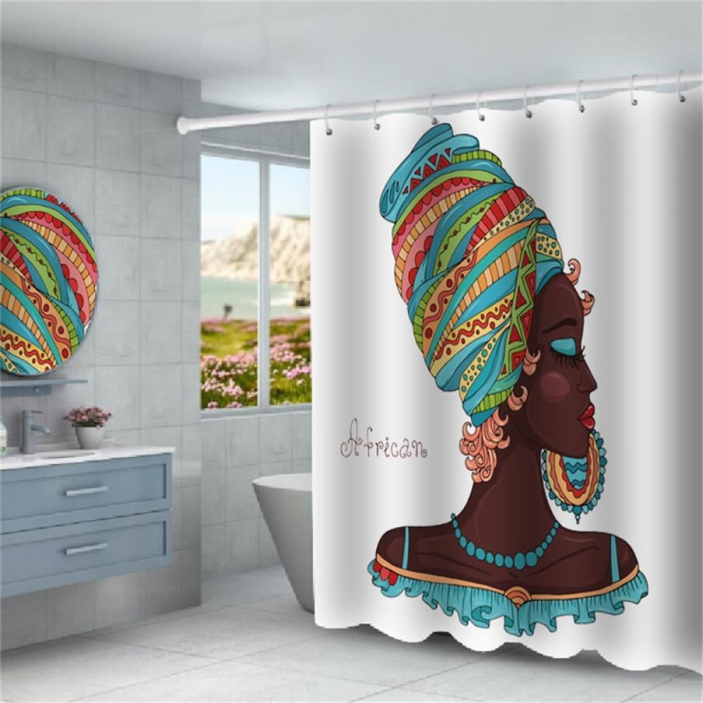 Green Light Spots Turban African Girl Shower Curtain Set Waterproof Fabric Hooks 