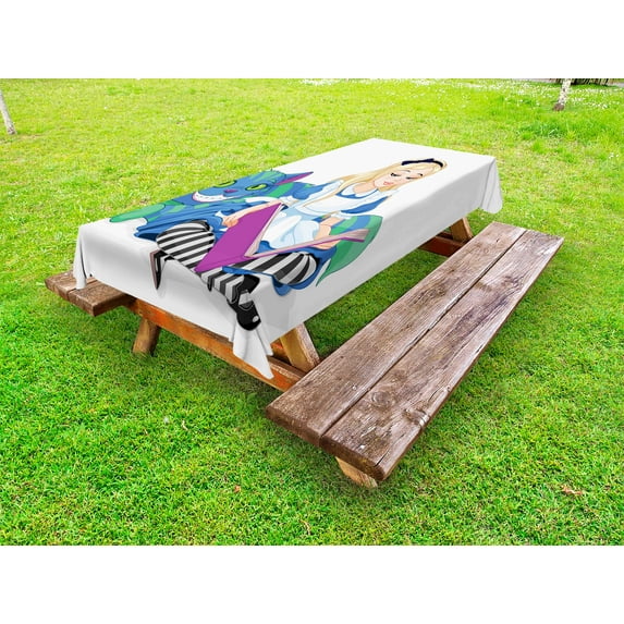 Alice in Wonderland Outdoor Tablecloth, Alice Reading Book Cat Colorful World Happiness Love Character Image, Decorative Washable Fabric Picnic Tablecloth, 58 X 104 Inches, Multicolor, by Ambesonne