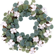 idyllic Eucalyptus and Cotton Wreath, 14 Inches Artificial Wreath on a Natural Twig Base for Farmhouse, Garden, Wedding, Decor