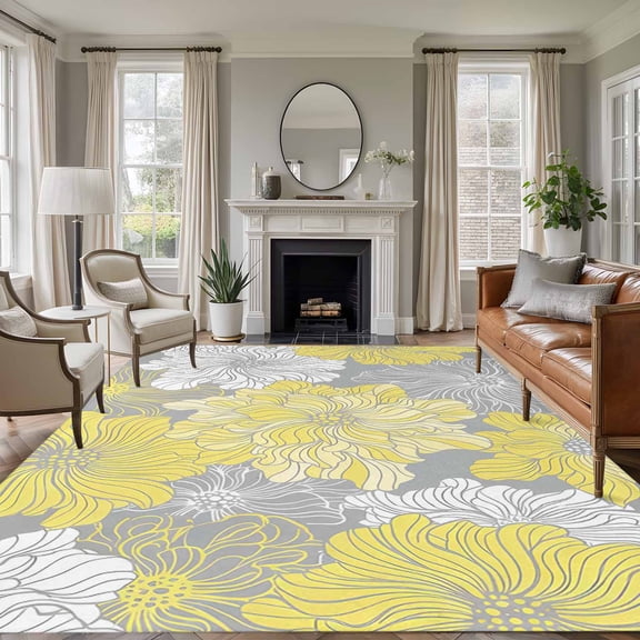 Yellow White Floral Area Rugs 5'x7', Washable Small Throw Rugs for Laundry Room Playroom, Farmhouse Flowers Spring Grey Indoor Outdoor Rug Non-Slip Low Pile Carpet Runner Reversible Floor Mats