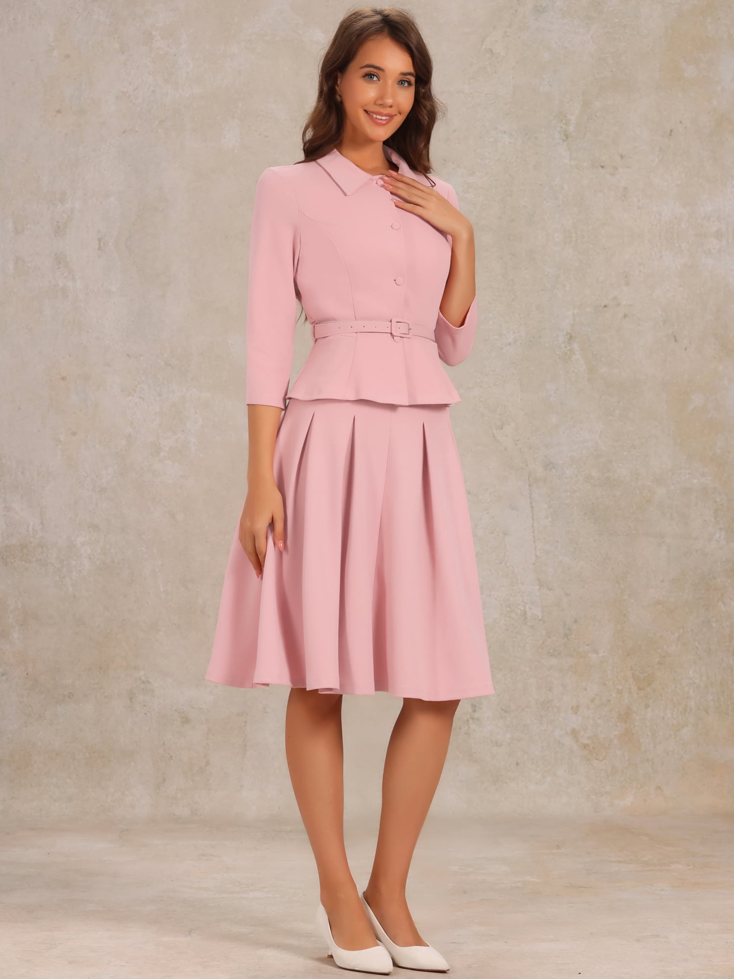 DARING DIVA Women's 2 Pcs Long Sleeve Jacket Pleated Skirt Suit Sets M Dusty Pink