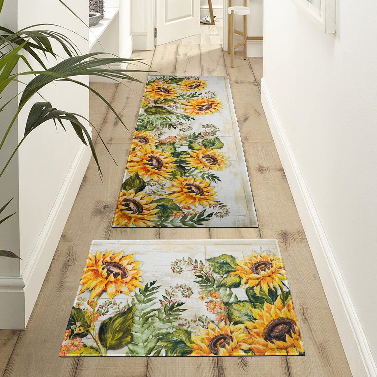 Sunflower Farmhouse Kitchen Rugs Set 2 Piece Colorful Fall Flowers Decorative Rug for Kitchen Low-Profile Floor Mats Decorations for Home Kitchen (17"x48"+17"x24")