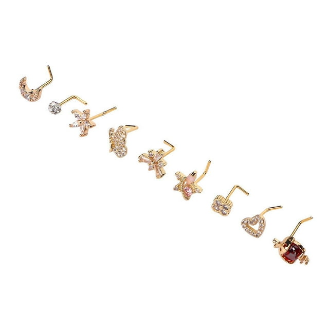 9pcs Nose Studs Set Golden Stainless Steel L Shape Shiny Zircon Decoration Nose Ring Studs