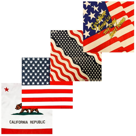 Unisex 100% Cotton Multi-Purpose Bandana Head Wrap Multi-Packs, USA Flags & California Republic, 4 Pieces