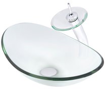 Novatto Chiaro NSFC– 324C001CH Clear Oval Glass Vessel Sink Set, Chrome Faucet, Drain and Mounting Ring