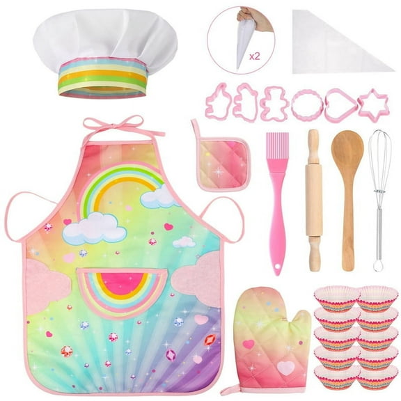 LUIISIS 26Pcs Kids Cooking and Baking Set, Kid Cooking Set with Rainbow Apron and Chef Hat, Chef Dress Up Role Play Gifts for Girls Boys Age 3-10