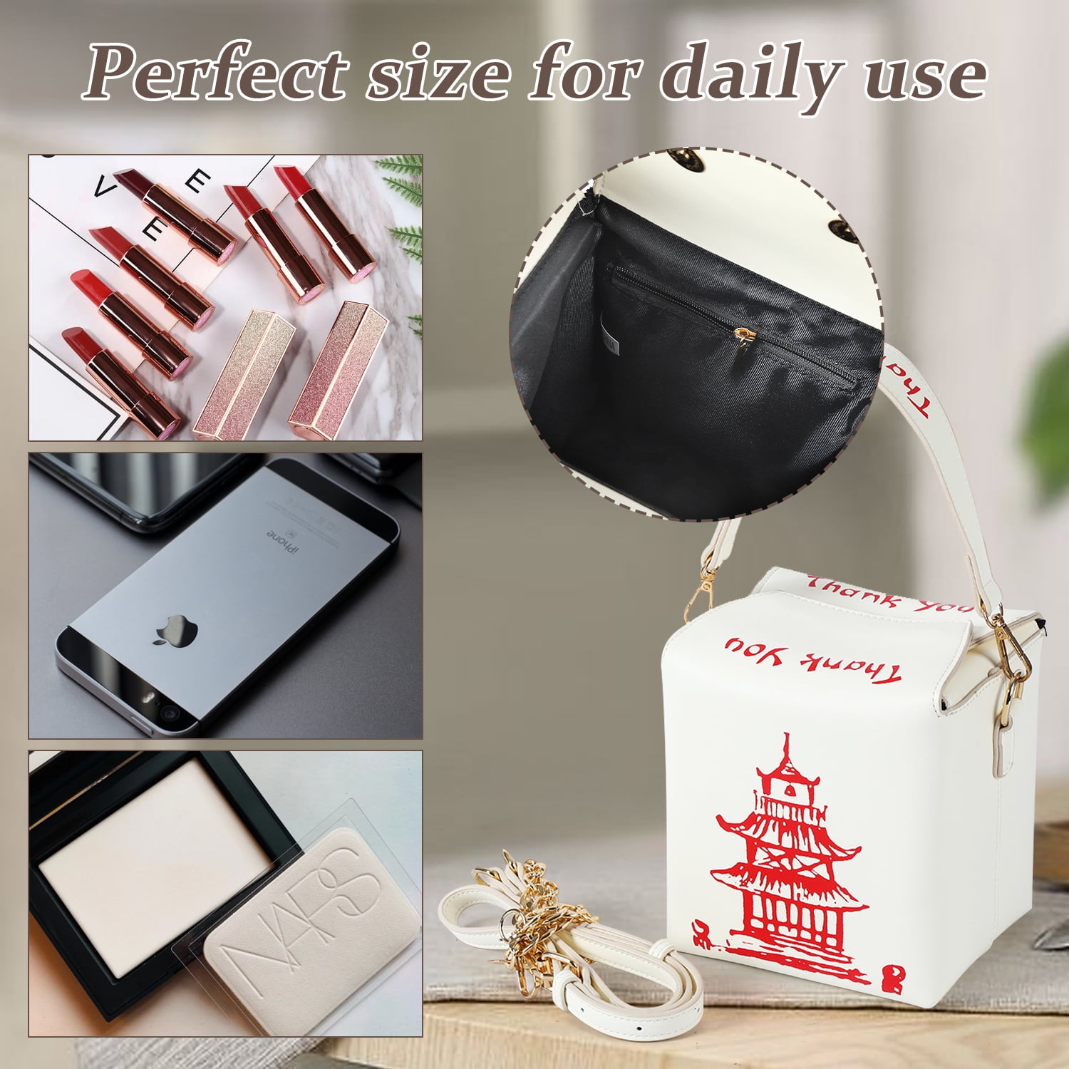 Chinese Takeout Box Bag Totes Crossbody Bags for Women Trendy Crossbody Purse with 2 Chain Straps