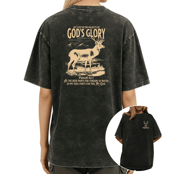 UNISHE Women's God's Glory Psalm 42:1 Deer Graphic Vintage Washed T-Shirt Casual Short Sleeve Crewneck Relaxed Fit Tee