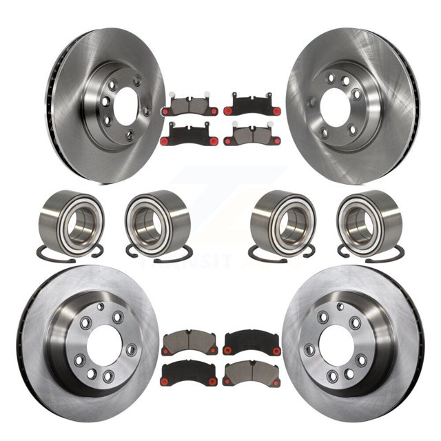 Transit Auto Front Rear Wheel Bearings Disc Brake Rotors and Ceramic Pads Kit (10Pc) for Car Porsche Cayenne with 350mm Diameter Rotor - Left Right Side (Driver Passenger) KBB-117439