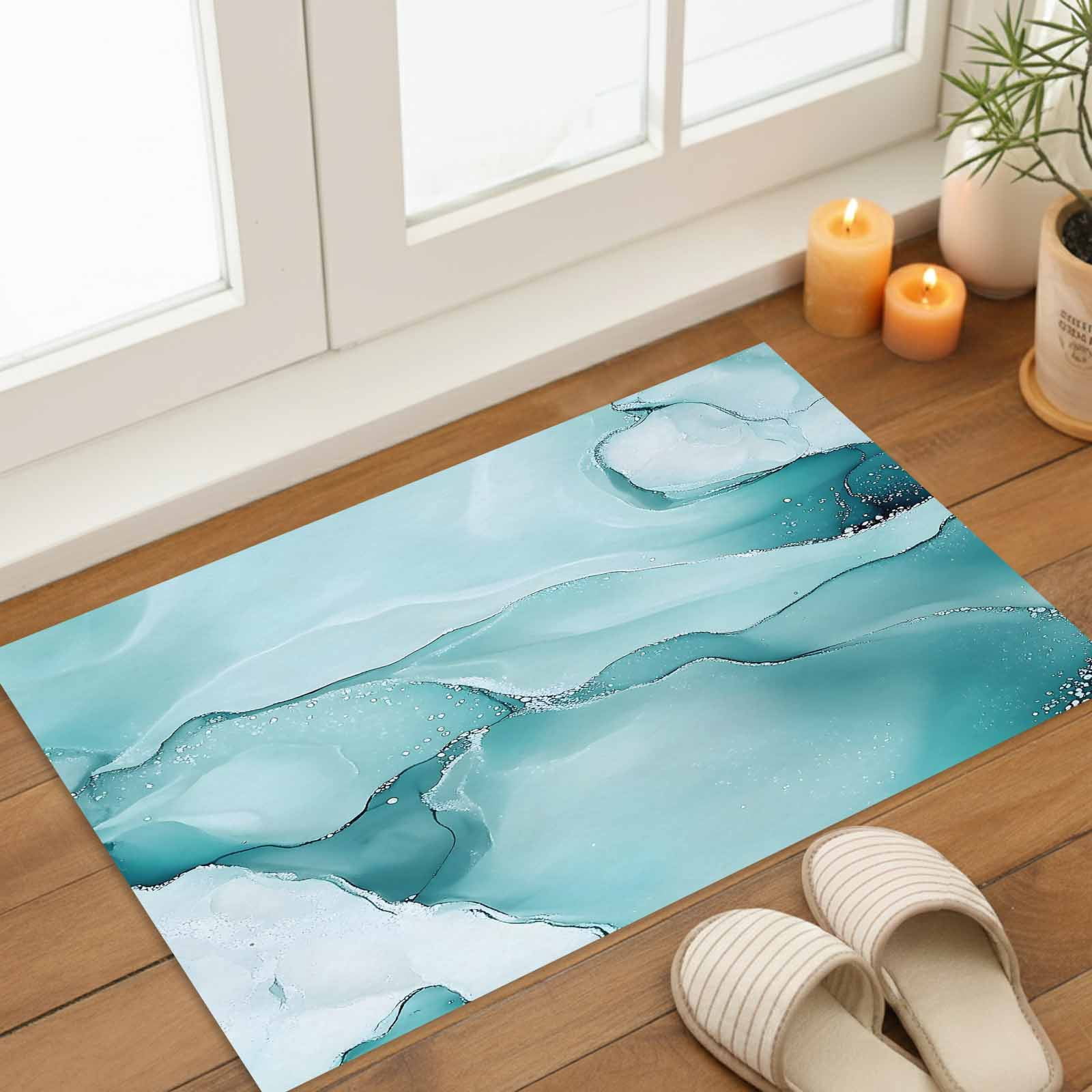 Turquoise Marble Indoor Door Mat - 16"x24", Non-Slip Welcome Mat for Outdoor, Modern Abstract Art Texture Watercolor Front Doormat for Entry, Low-Profile Doormat Entrance Rug for Kitchen/Bathroom