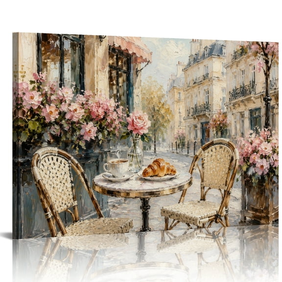 Patifu Paris Cafe With Croissant And Coffee Canvas Wall Art For Living Room Bedroom Kitchen Decor 24x16in