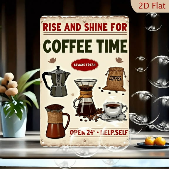 Coffee Signs For Coffee Bar Decor - Rise and Shine for Coffee Time, Rustic Vintage Metal Tin Sign for Coffee Station, Kitchen Wall Decor art Accessories, Gifts for Coffee lover, 8 x 12 inch
