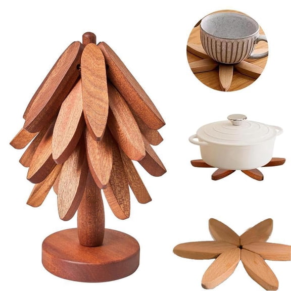 Wooden Trivets for Hot Dishes, Walnut Tree Table Mat, 4 Tree Shape Trivet for Pots, Pans ,Bowls and Teapots,Natural Foldable Tree Coasters,Multipurpose Decorative Christmas Tree Shape Trivet Mats Set