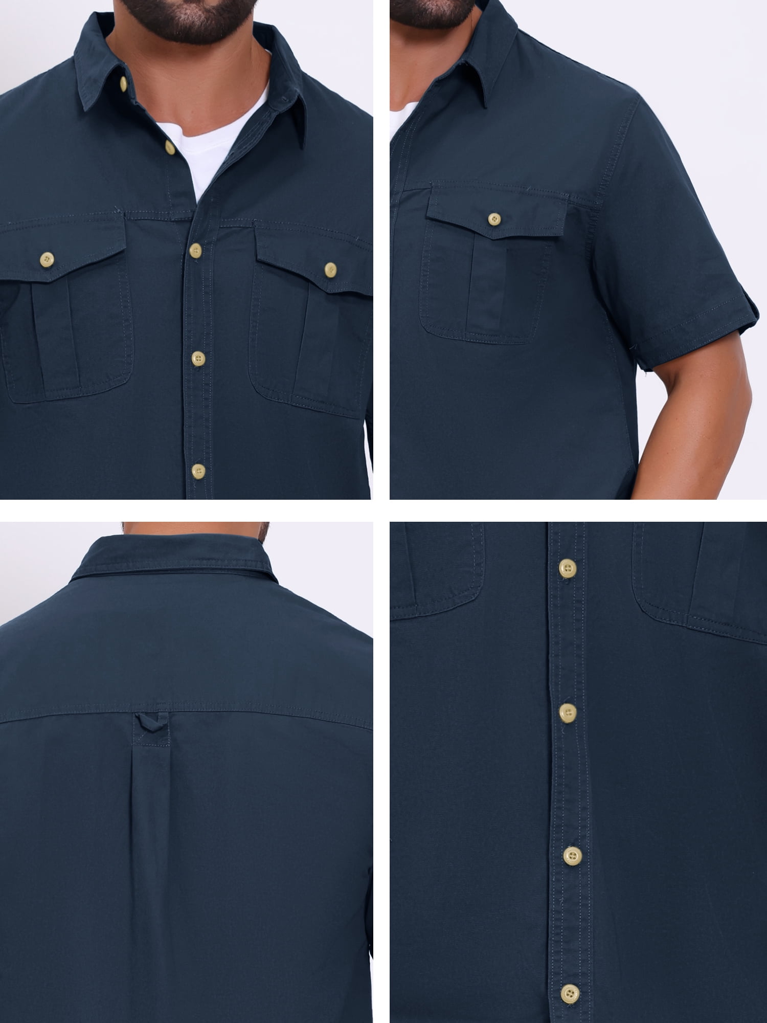 DARING DIVA Men's Fishing Shirt Summer Short Sleeve Hiking Cargo Shirts L Navy Blue