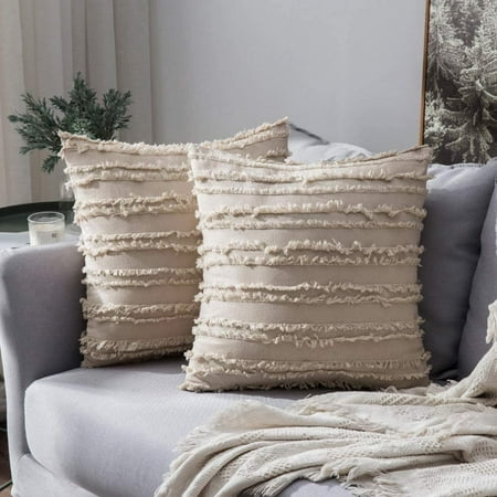 

MIULEE Set of 2 Decorative Boho Throw Pillow Covers Linen Striped Jacquard Pattern Cushion Covers for Sofa Couch Living Room Bedroom 16x16 Inch Beige