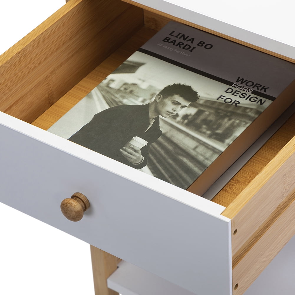 Kepooman Bamboo Nightstand Set of 2, Wood Accent Table with Drawer & Storage Shelf for Bedroom, White and Natural Kepooman Bamboo Nightstand Set of 2, Wood Accent Table with Drawer & Storage Shelf for Bedroom, White and Natural