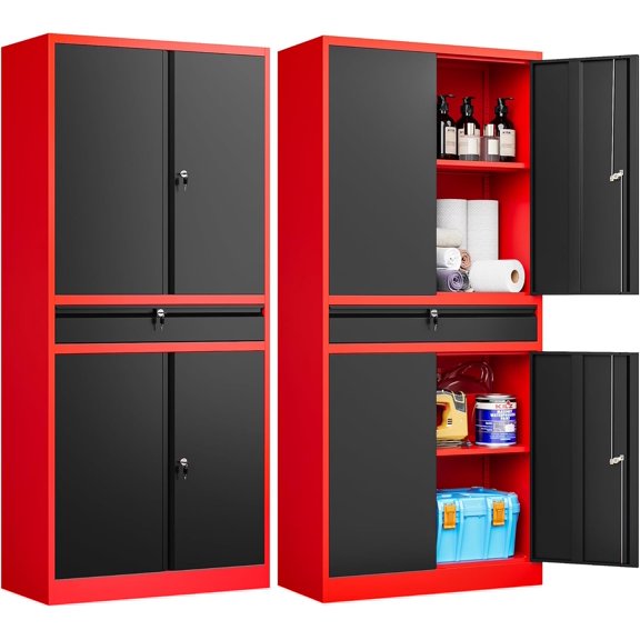 Metal Cabinets with Drawer and Lockable Doors, Adjustable Shelves,71" H Tool Cabinet for Home,Office,Warehouse (Black Red)