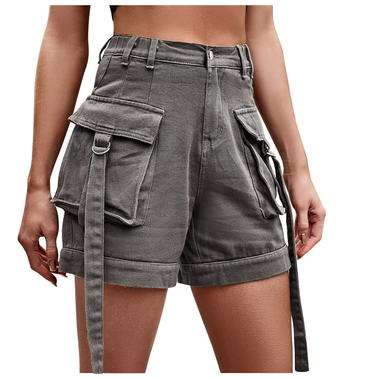 Women's Casual Cargo Shorts High Waist Loose Fit Outdoor Jean Short Pants  with Pockets Summer Comfy Hiking Denim Shorts
