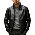 thumbnail image 3 of Atkumj Mens Bomber Jacket Fashion Stand Collar Zip Up Outdoor Faux Leather Jacket Casual Solid Color Fleece Lined Warm Jackets for Men 5XL, 3 of 7