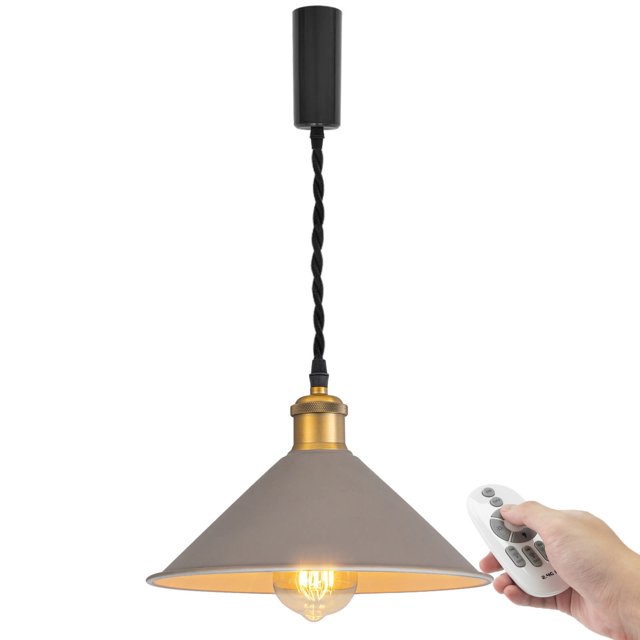 FSLiving Adjustable Height Remote Control J-Type Track Pendangt Light with E26 Matte Brass Finish Base Retro Industrial Factory Khaki Lamp Dimmable Color Changing for Kitchen,Customizable - 1 Light