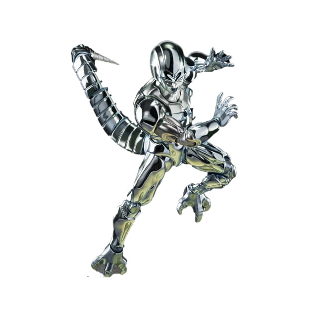 bandai sh figuarts dragon ball z metal cooler premium figura de acción de 15 cm, pose dinámica frontal con acabado cromado azul, cola articulada en espiral levantada, musculatura esculpida visible, piezas de cabeza, manos y brazos intercambiables incluidas, fondo blanco.