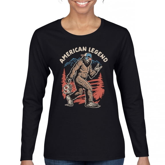 American Legend Bigfoot Women's Long Sleeve T-shirt Patriotic Funny Sasquatch Fan 4 July USA Flag Beer BBQ Tailgate Party