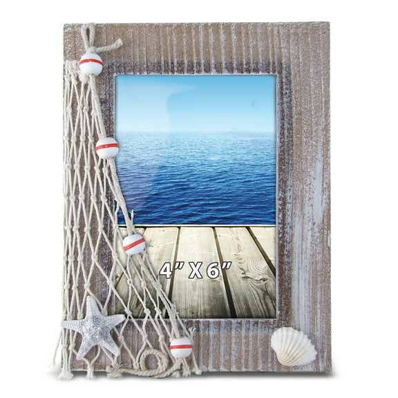 CoTa Global Brown 4x6 Picture Frame - Whitewashed Distressed Wooden Photo Frame with Seashell Display, Handcrafted Beach Theme Photo Frame for Housewarming Gift or Beach Room Decor Display - 7.75 Inc