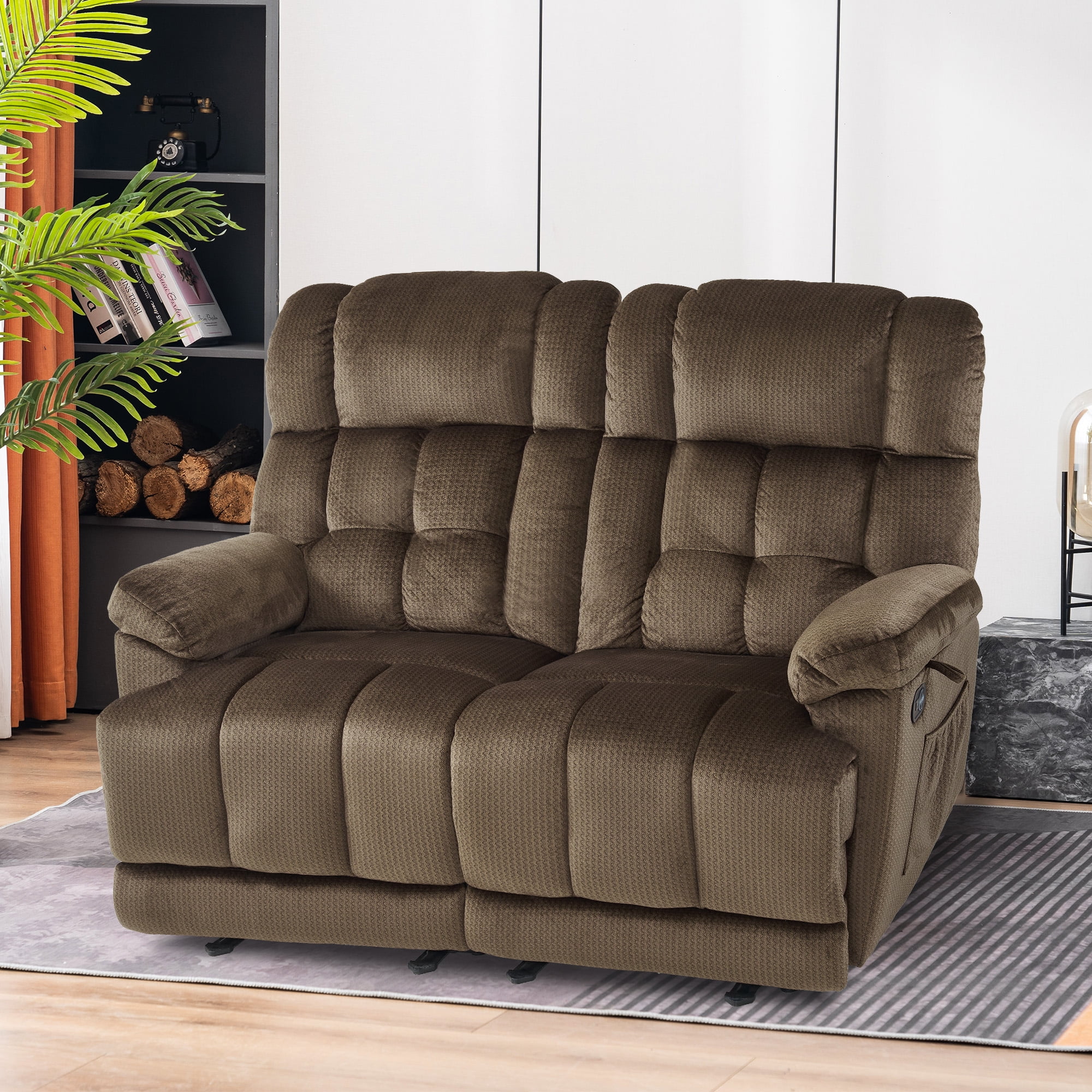 MCombo Power Loveseat Recliner, Electric Reclining Loveseat Sofa with Heat and Massage, USB Charge Port for Living Room Brown Fabric 6237