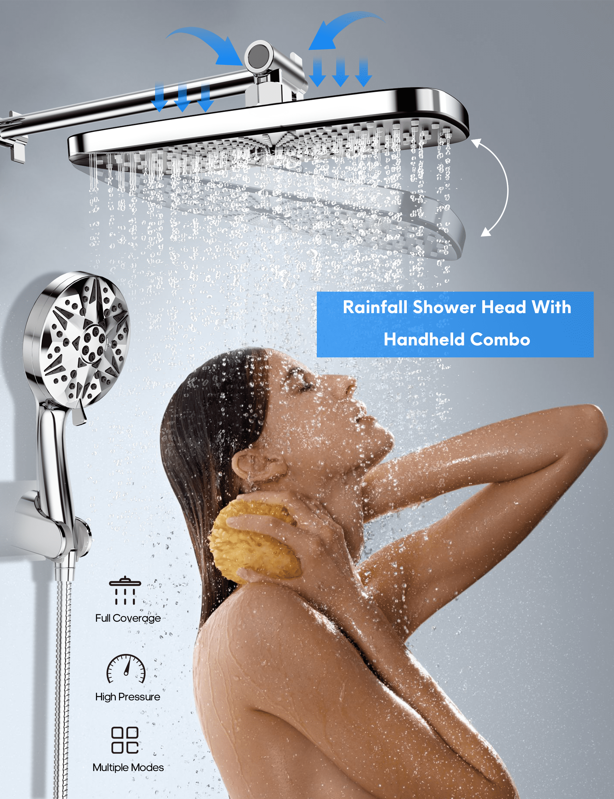 YAHHU 12 inch High Rainfall Showerhead and 10 Settings Pressure Handheld Shower Combo, Stainless Steel Dual Shower Head Set for Bathing