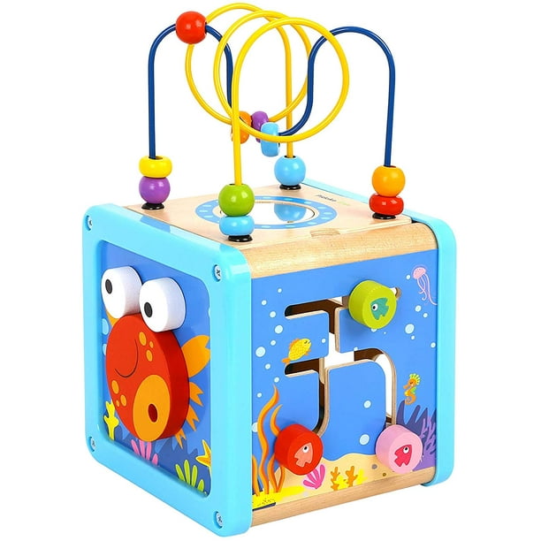 Pidoko Kids Sea Theme Activity Cube for Toddlers Wooden Toy for 18