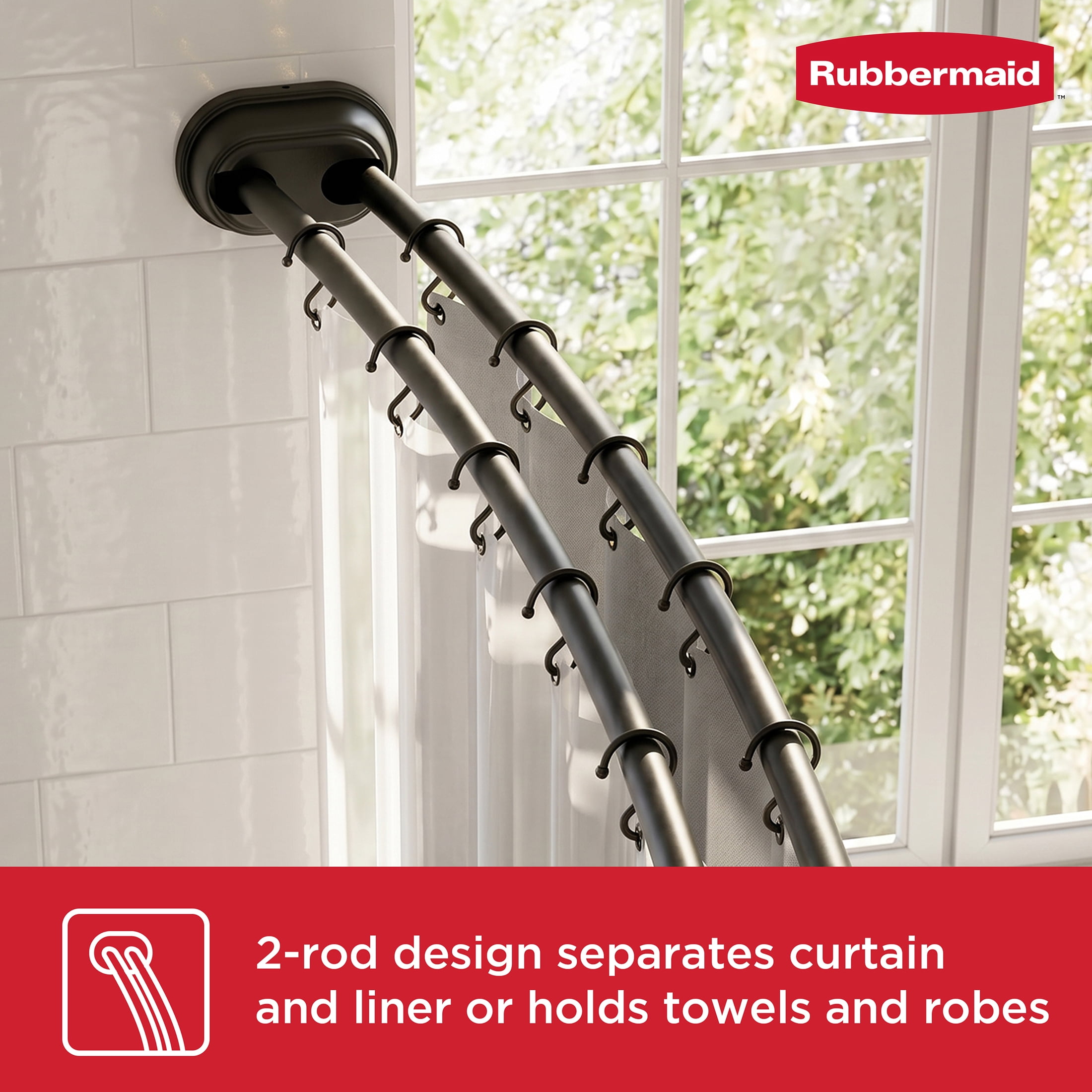 Rubbermaid No Drill Adjustable Tension Double Curved Shower Curtain Rod, Rustproof, 50" - 72", Matte Black