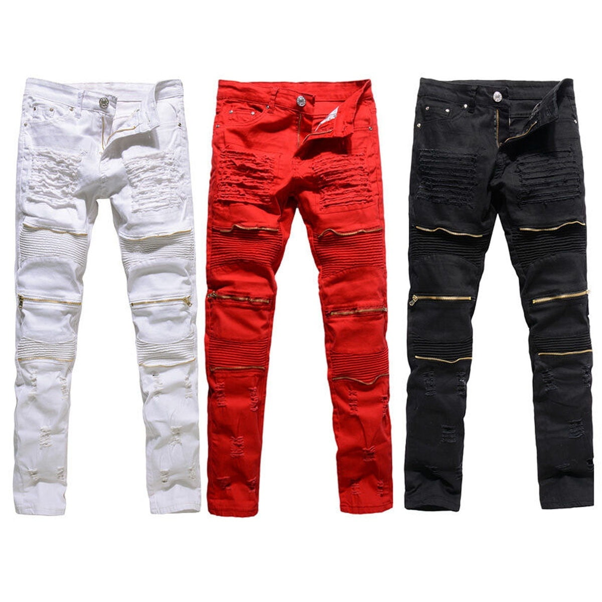 HTHJSCO Mens Ripped Slim Straight Fit Biker Jeans with Zipper 