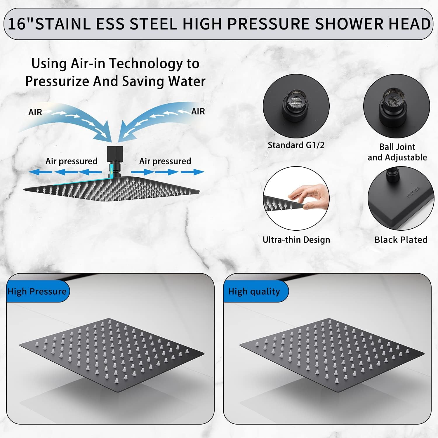 16 Inch Oversize Stainless Steel Rain Shower Head - Matte Black High Pressure Shower Head, Square Rainfall Showerhead - Waterfall Full Body Coverage - Universal Ceiling or Wall Mount
