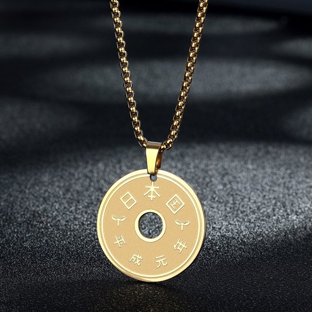 Lucky Japanese Coin Necklace 5 Yen Coin Pendant Mens Womens Necklace