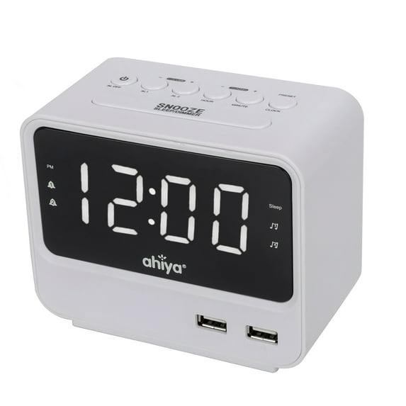 ahiya Digital Alarm Clock Radio FM Big LED Number Screen Adjustable Brightness Alarm Volume 3 Dimming Light Levels 24 Hours 2 Alarms 3A Battery Backup DC IN Small Compact For Desk Shelf Living Room